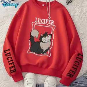 Buso casual para mujeres, con estampado de lucifer de Disney, cómoda y ajustada, cuello redondo, algodón , con detalles de capas, color rojo